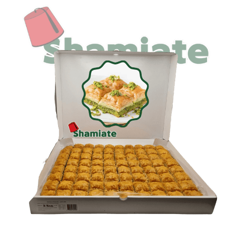 [001649 Oriental Pastry Tray (Shamiate, Baklava with Pistachios, 3700 gm, 1 Piece) Plateau de Pâtisserie Orientale (Shamiate, Baklawa aux Pistaches, 3 700 gm, 1 Pièce) Plateau de Patisserie Orientale (Shamiate, Baklawa aux Pistaches, 3 700 gm, 1 Piece)صينية معجنات شرقية (شاميات, بقلاوة بالفستق, 3700 غرام, 1 وحدة) ] صينية معجنات شرقية (شاميات, بقلاوة بالفستق, 3700 غرام, 1 وحدة)