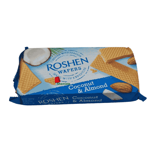 [001914 Coconut and Almond Wafers (Roshen Wafers, 216 gm, 16 Pieces) Gaufrettes Noix de Coco & Amande (Roshen Wafers, 216gm, 16 Pièces) Gaufrettes Noix de Coco & Amande (Roshen Wafers, 216gm, 16 Pieces)رقائق ويفر بجوز الهند واللوز (رقائق روشن، 216 غرام، 16 قطعة) ] Coconut and Almond Wafers (Roshen Wafers, 216 gm, 16 Pieces)