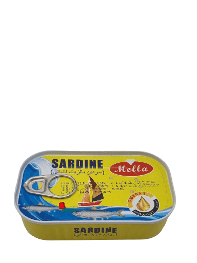 [002111 Canned Sardine (Mella, In Oil, 125 gm, 50 Pieces) Sardine En Conserve (Mella, À l'Huile, 125 gm, 50 Pièces) Sardine En Conserve (Mella, A l'Huile, 125 gm, 50 Pieces)سردين معلب (ميلا, بالزيت, 125 غرام, 50 وحدة) ] سردين معلب (ميلا, بالزيت, 125 غرام, 50 وحدة)