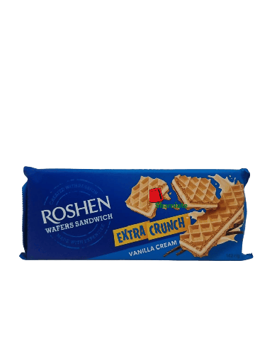 [002277 Extra Crunch Waffles,Sandwich, 1695 (Roshen Wafers, Vanilla Cream, 142g, 15 Pieces) Gaufres Extra Croustillantes, Sandwich,1695 (Roshen Wafers, Crème Vanille, 142 gm, 15 Pièces) Gaufres Extra Croustillantes, Sandwich,1695 (Roshen Wafers, Creme Vanille, 142 gm, 15 Pieces) ويفر اكسترا مقرمش، سندويتش، 1695( روشن،كريمة الفانيليا، 142 غرام، 15 قطعة) ]  ويفر اكسترا مقرمش، سندويتش، 1695( روشن،كريمة الفانيليا، 142 غرام، 15 قطعة)