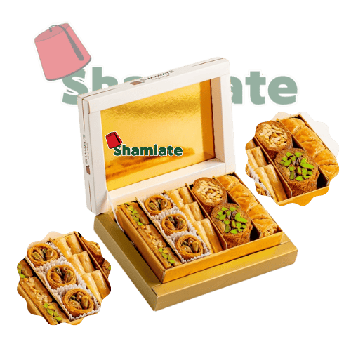 [7677 Oriental Pastry (Shamiate, Mixed Baklawa Extra, 150 gm, 18 Pieces) Pâtisserie Orientale (Shamiate, Baklawa Mixte Extra, 150 gm, 18 Pièces) Patisserie Orientale (Shamiate, Baklawa Mixte Extra, 150 gm, 18 Pieces) حلويات سوري فاخرة (شاميات, بقلاوة مشكلة اكسترا, 150 غرام, 18 وحدة) ] Oriental Pastry (Shamiate, Mixed Baklawa Extra, 150 gm, 18 Pieces)